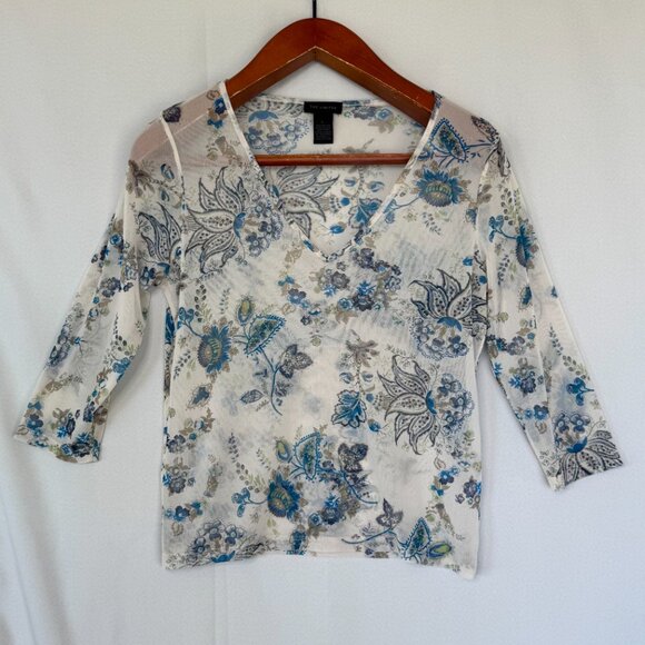 90s Vintage The Limited Sheer Ivory Blue Floral Print 3/4 Sleeve V Neck Top - Picture 1 of 12